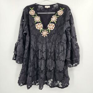 Velzera Black Floral Lace Tunic Womens Size 2X Hobo Shabby Chic Long Sleeve